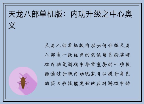 天龙八部单机版：内功升级之中心奥义